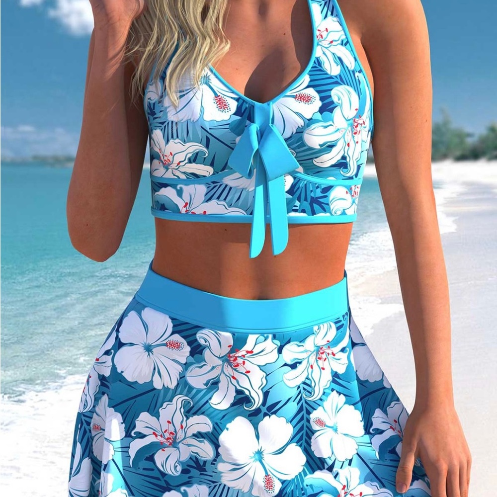 Floral Print High Waisted Cyan Bikini Set